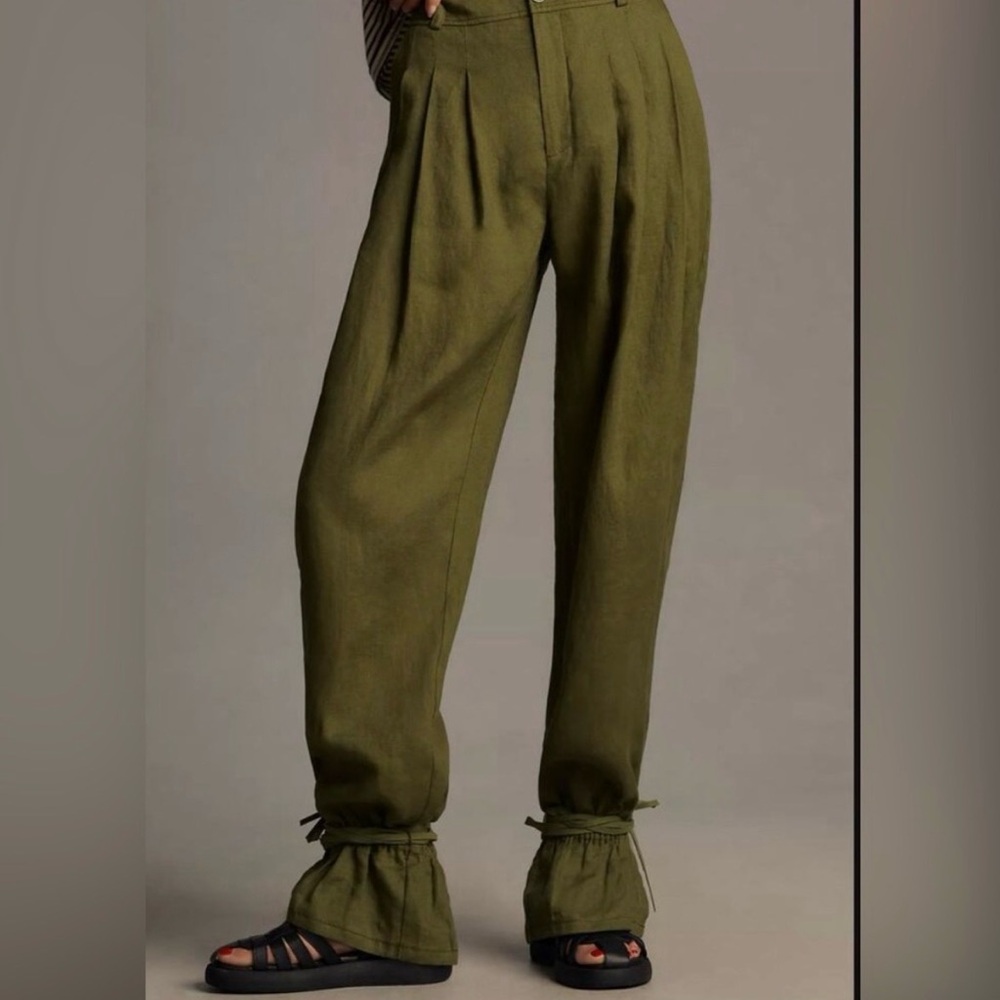 Anthropologie Olive Green High-Waist Pleated Trousers with Gathered Ankles